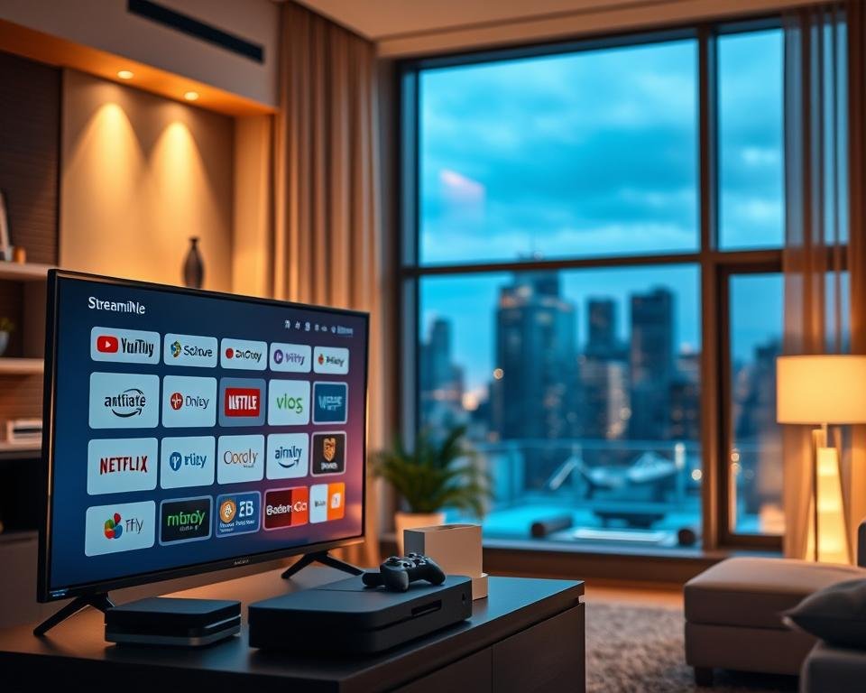 A modern living room with a sleek, high-tech entertainment setup. In the foreground, a smart TV displays various streaming service logos, showcasing its compatibility. On the TV stand, an array of devices such as a streaming box, game console, and smart home hub are neatly arranged, highlighting the seamless integration. Warm, indirect lighting casts a soft glow, creating a cozy and inviting atmosphere. In the background, large windows offer a view of a city skyline, emphasizing the contemporary, urban setting. The scene conveys the convenience and versatility of a device-compatible streaming service, catering to the diverse entertainment needs of a tech-savvy household.