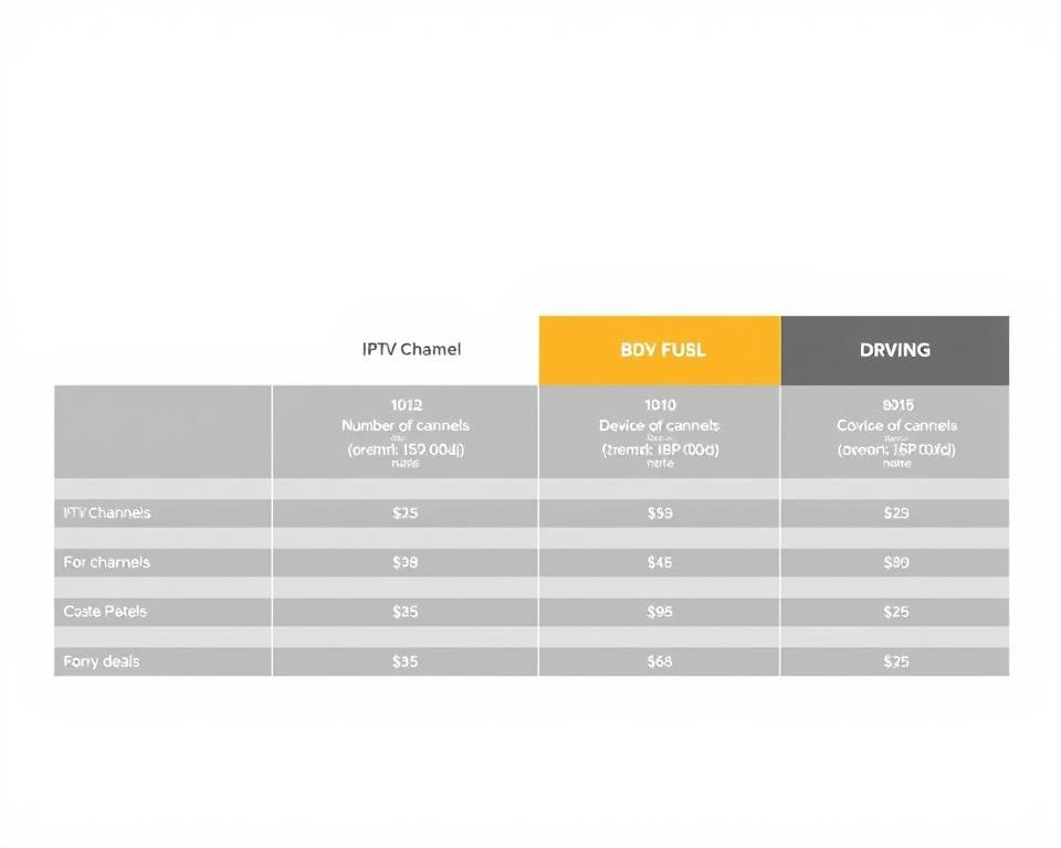 A modern, minimalist comparison table showcasing IPTV subscription plans. Set against a clean, white background, the table features a sleek, grid-like layout with clearly delineated columns. Each column displays the plan name, number of channels, device compatibility, and pricing in a visually appealing manner. The plan details are presented in a clear, easy-to-read typeface, allowing the viewer to quickly compare the offerings. Subtle grid lines and soft shadows add depth and structure to the composition, guiding the eye through the information. The overall aesthetic is professional, informative, and designed to highlight the key details of the IPTV subscription plans.