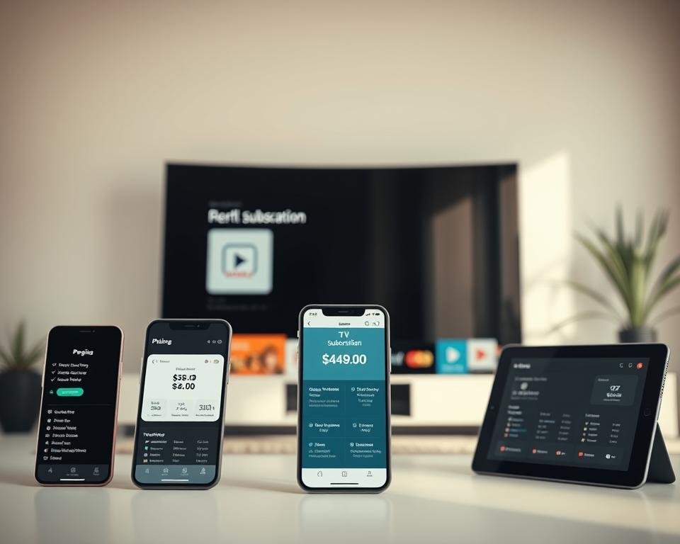 A modern, minimalist composition showcasing various television subscription plans. In the foreground, sleek digital devices like smartphones and tablets display different plan options and pricing details. The middle ground features a large, curved smart TV screen, its display subtly reflecting the flexible subscription services available. The background is a clean, contemporary interior with soft, indirect lighting, highlighting the streamlined, user-friendly nature of the plans. The overall scene conveys a sense of convenience, customization, and the seamless integration of TV entertainment into daily digital life. A modern, minimalist composition showcasing various television subscription plans. In the foreground, sleek digital devices like smartphones and tablets display different plan options and pricing details. The middle ground features a large, curved smart TV screen, its display subtly reflecting the flexible subscription services available. The background is a clean, contemporary interior with soft, indirect lighting, highlighting the streamlined, user-friendly nature of the plans. The overall scene conveys a sense of convenience, customization, and the seamless integration of TV entertainment into daily digital life.