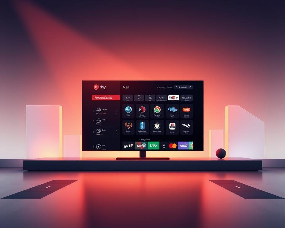 A modern, minimalist illustration depicting premium sports packages. In the foreground, a sleek, high-contrast display showcases various sport icons and logos, conveying the breadth of content available. The midground features clean, geometric shapes and patterns, creating a sense of depth and visual interest. The background is a soft, blurred gradient, drawing the viewer's focus to the central display. The overall aesthetic is sophisticated, tech-savvy, and reflects the premium nature of the sports packages being presented. Warm, directional lighting from the top-left casts subtle shadows, adding depth and dimensionality to the scene.