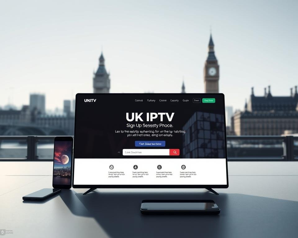 A modern, minimalist interface depicting the UK IPTV sign-up process. In the foreground, a clean, responsive web page showcases the key steps to subscribe, with clear call-to-action buttons and intuitive user flows. The middle ground features sleek devices like smartphones and tablets, reflecting the multi-platform nature of the service. In the background, a cityscape skyline of iconic London landmarks subtly reinforces the UK-centric branding. The lighting is crisp and natural, creating a sense of simplicity and professionalism. The overall mood is one of efficiency, accessibility, and the seamless integration of technology into everyday life.