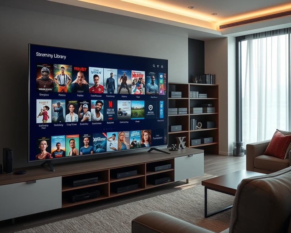 A modern, minimalist library of entertainment content. In the foreground, a sleek TV screen displays a diverse array of movie, TV, and sports thumbnails. The middle ground features neatly arranged shelves of streaming boxes, remotes, and other devices. The background showcases a stylish living room setting with large windows, plush furniture, and subtle ambient lighting. The overall scene conveys a sense of convenience, accessibility, and a curated collection of premium digital entertainment.