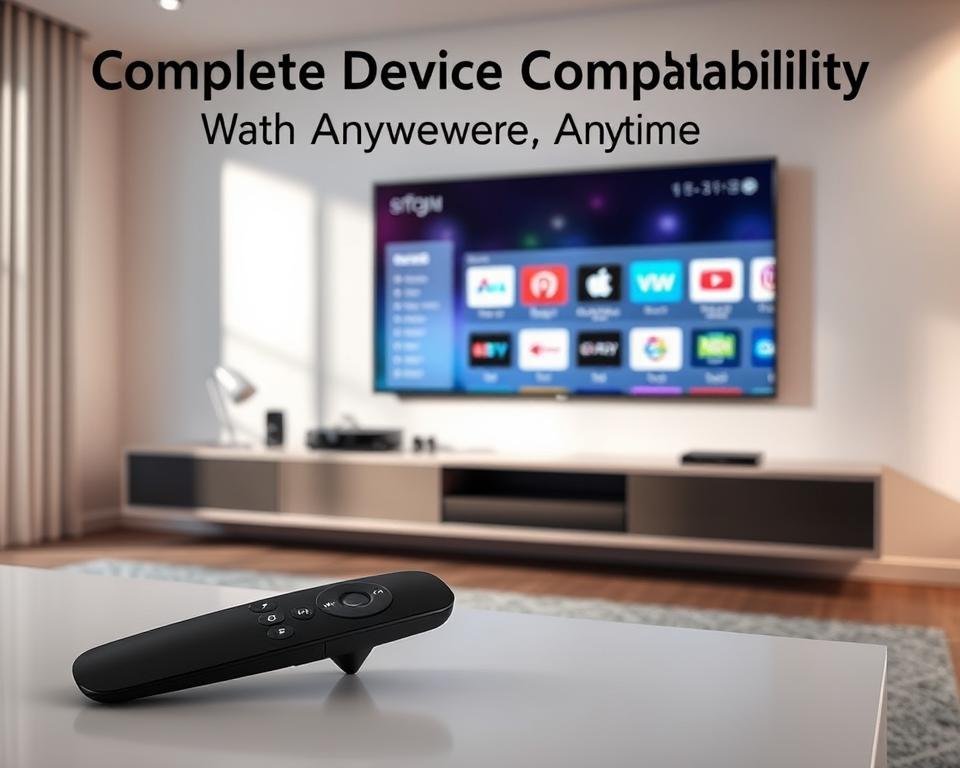 A modern, minimalist living room setting with a large flat-screen smart TV mounted on the wall. The TV is displaying a seamless interface showcasing various app icons, demonstrating its compatibility with multiple streaming services and devices. The room is bathed in soft, indirect lighting, creating a warm and inviting atmosphere. In the foreground, a sleek, contemporary remote control is positioned on a minimalist coffee table, emphasizing the ease of use and control. The overall scene conveys a sense of technological sophistication and seamless integration, reflecting the "Complete Device Compatibility: Watch Anywhere, Anytime" concept. A modern, minimalist living room setting with a large flat-screen smart TV mounted on the wall. The TV is displaying a seamless interface showcasing various app icons, demonstrating its compatibility with multiple streaming services and devices. The room is bathed in soft, indirect lighting, creating a warm and inviting atmosphere. In the foreground, a sleek, contemporary remote control is positioned on a minimalist coffee table, emphasizing the ease of use and control. The overall scene conveys a sense of technological sophistication and seamless integration, reflecting the "Complete Device Compatibility: Watch Anywhere, Anytime" concept.