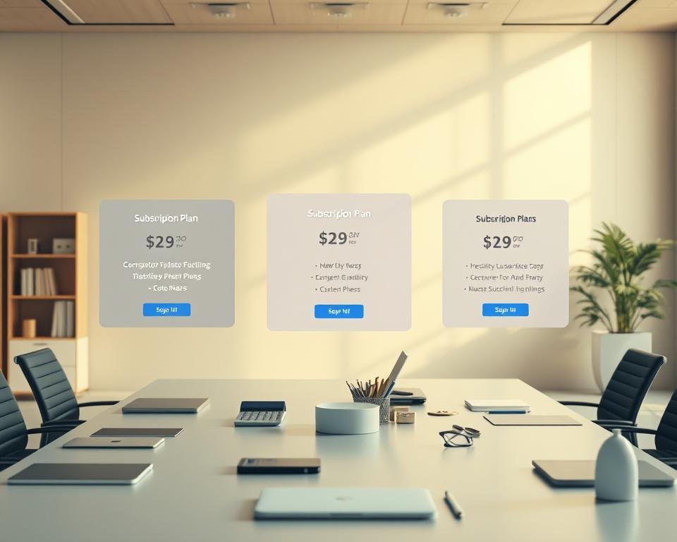 A modern, minimalist office setting with a large table in the foreground, showcasing a variety of digital devices and stationery. In the middle ground, three different subscription plan options are displayed on sleek, floating panels, each with its own distinct pricing and feature set. The background features a warm, natural lighting, creating a calming and professional atmosphere. The overall composition emphasizes the flexibility and customization of the subscription plans, inviting the viewer to explore the options that best suit their needs.