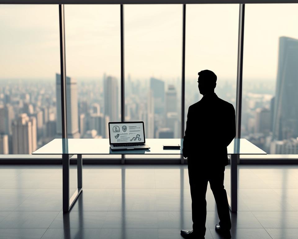 A modern, minimalist office space with floor-to-ceiling windows overlooking a bustling city skyline. On a sleek glass desk, a laptop displays legal documents and icons representing data security, privacy policies, and regulatory compliance. A stylized silhouette of a person in a suit stands in the foreground, contemplating the complexities of IPTV service legality. Soft, directional lighting casts long shadows, highlighting the serious, professional atmosphere. The background is slightly blurred, placing the focus on the desk and the figure, conveying the weight of the decisions surrounding lawful IPTV usage.