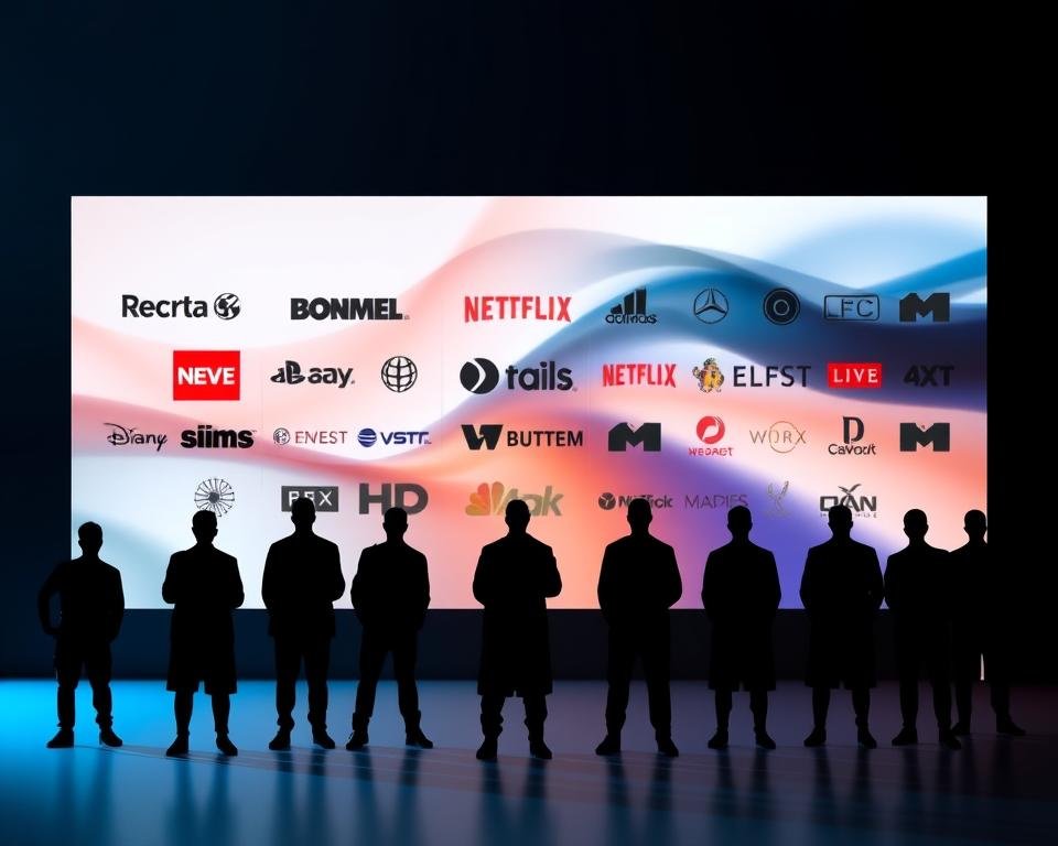 A modern, minimalist visual comparison of leading UK live TV streaming service content libraries. In the foreground, sleek, high-contrast silhouettes of various streaming service logos, arranged in an organized grid. In the middle ground, a soft-focus backdrop of abstract, flowing shapes and gradients, hinting at the vast, diverse content available. The lighting is clean and directional, creating depth and drama. The overall mood is one of sophistication, technology, and choice - inviting the viewer to explore the breadth of options for their live TV streaming needs.