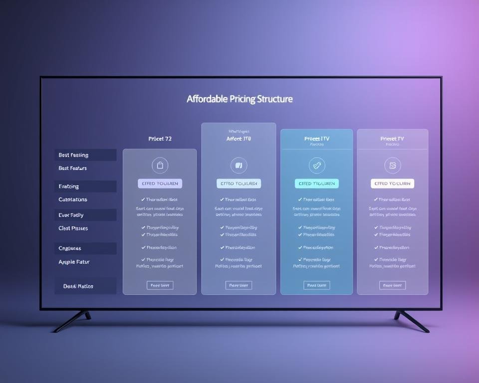 A modern, minimalistic wireframe structure depicting an "Affordable Pricing Structure" for a UK IPTV service. The foreground features a clean, geometric grid layout with various pricing tiers highlighted in soft, pastel shades. The middle ground showcases simple icons and infographic elements that communicate the key features of each plan. The background is a subtle gradient, creating a sense of depth and emphasizing the focal point of the pricing structure. The overall aesthetic conveys a sense of accessibility, value, and clarity - inviting the viewer to explore the affordable options available for their IPTV subscription. A modern, minimalistic wireframe structure depicting an "Affordable Pricing Structure" for a UK IPTV service. The foreground features a clean, geometric grid layout with various pricing tiers highlighted in soft, pastel shades. The middle ground showcases simple icons and infographic elements that communicate the key features of each plan. The background is a subtle gradient, creating a sense of depth and emphasizing the focal point of the pricing structure. The overall aesthetic conveys a sense of accessibility, value, and clarity - inviting the viewer to explore the affordable options available for their IPTV subscription.