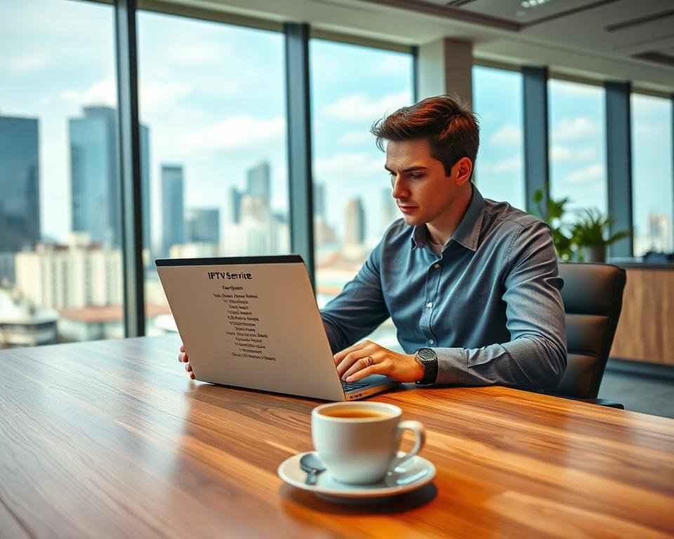 A modern office interior with a large wooden desk, a laptop, and a cup of coffee. In the foreground, a person is sitting at the desk, carefully reviewing a list of IPTV service criteria displayed on the laptop screen. The background features large windows overlooking a city skyline, providing natural lighting and a sense of professionalism. The scene conveys a thoughtful, analytical atmosphere as the person evaluates the different factors to consider when choosing the best cheap UK IPTV service.
