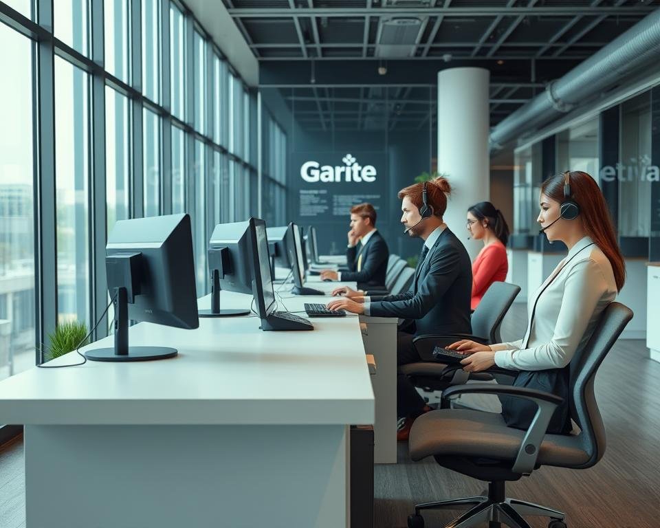 A modern office interior with a sleek and professional customer service desk. The desk is positioned in the foreground, with a clean and minimalist design, featuring a large monitor and an array of communication equipment. In the middle ground, several customer service representatives are visible, dressed in smart, corporate attire, engaged in phone conversations and typing on their computers. The background features floor-to-ceiling windows, allowing natural light to flood the space and create a bright, airy atmosphere. Subtle branding elements, such as a company logo or signage, are present to establish the setting as a dedicated customer support service. The overall scene conveys a sense of efficiency, accessibility, and a commitment to providing exceptional customer care.