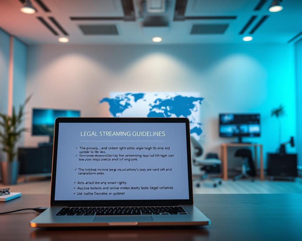 A modern office space with a clean, professional atmosphere. In the foreground, a laptop displaying legal streaming guidelines and considerations, with a focus on data privacy, content rights, and international accessibility. The middle ground features a stylized world map, emphasizing the global reach of online media. The background showcases an array of streaming devices, from smart TVs to mobile phones, highlighting the diverse platforms for legal content consumption. Soft, indirect lighting casts a warm, authoritative tone, conveying the importance of responsible and lawful streaming practices. The overall composition suggests the balance between technological advancement and legal compliance in the evolving digital landscape. A modern office space with a clean, professional atmosphere. In the foreground, a laptop displaying legal streaming guidelines and considerations, with a focus on data privacy, content rights, and international accessibility. The middle ground features a stylized world map, emphasizing the global reach of online media. The background showcases an array of streaming devices, from smart TVs to mobile phones, highlighting the diverse platforms for legal content consumption. Soft, indirect lighting casts a warm, authoritative tone, conveying the importance of responsible and lawful streaming practices. The overall composition suggests the balance between technological advancement and legal compliance in the evolving digital landscape.
