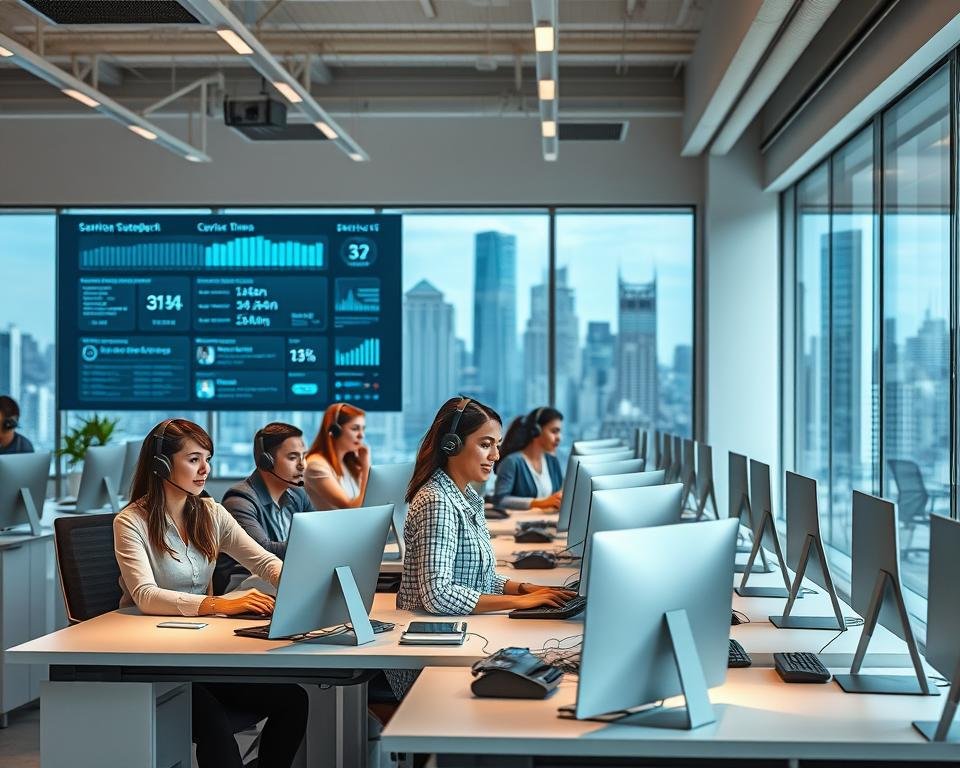 A modern open-plan office with a bright, airy atmosphere. In the foreground, a team of friendly, attentive customer service representatives are seated at sleek, minimalist desks, intently assisting callers on high-quality headsets. The middle ground features a large, interactive display board showcasing real-time customer feedback and service metrics. In the background, a panoramic window offers a scenic view of a bustling city skyline, conveying a sense of a well-equipped, 24/7 customer support operation. Soft, diffused lighting and a color palette of warm neutrals and blues create a professional yet approachable ambiance. A modern open-plan office with a bright, airy atmosphere. In the foreground, a team of friendly, attentive customer service representatives are seated at sleek, minimalist desks, intently assisting callers on high-quality headsets. The middle ground features a large, interactive display board showcasing real-time customer feedback and service metrics. In the background, a panoramic window offers a scenic view of a bustling city skyline, conveying a sense of a well-equipped, 24/7 customer support operation. Soft, diffused lighting and a color palette of warm neutrals and blues create a professional yet approachable ambiance.