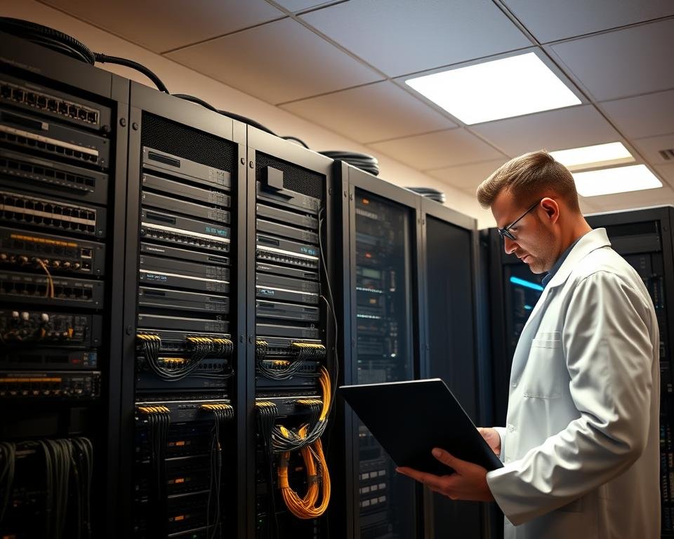A modern server room with a 19-inch rack filled with network switches, routers, and servers. The room is well-lit, with soft, even lighting from recessed LED panels in the ceiling, casting a warm glow on the gleaming black equipment. Cables in various colors snake along the back of the rack, connecting the devices. In the foreground, a network engineer in a crisp, white lab coat examines a laptop, monitoring the IPTV infrastructure's status and performance. The atmosphere is one of efficiency, precision, and technological sophistication, conveying the reliable and stable nature of the UK TV channels IPTV server.