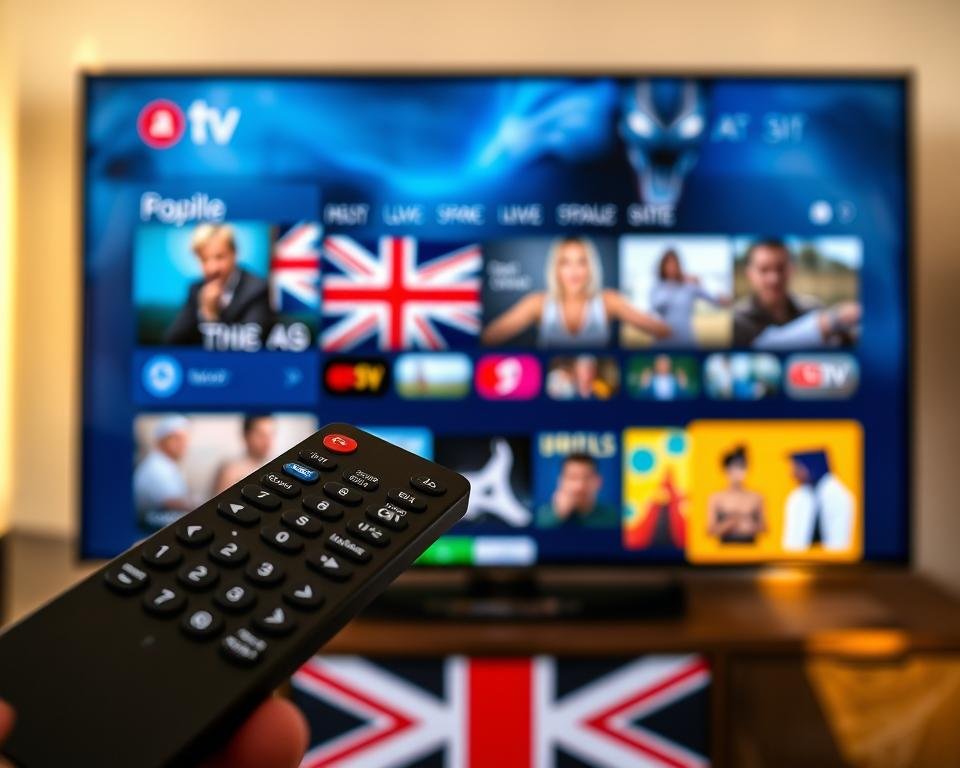 A modern, sleek British IPTV service displayed on a high-resolution television screen. The interface features a clean, minimalist design with vivid colors and crisp typography showcasing popular UK-centric content. In the foreground, a smart remote control with intuitive controls hovers, highlighting the seamless user experience. The mid-ground showcases a variety of British TV channels, movies, and live sports events available on the service. In the background, a subtly blurred Union Jack flag creates a sense of national pride and identity. The lighting is warm and natural, creating a cozy, inviting atmosphere for the viewer to immerse themselves in the best of British streaming.