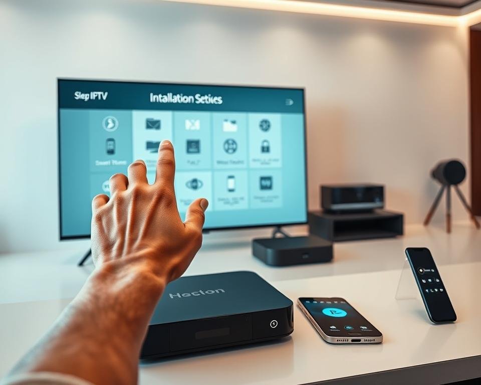 A modern, sleek IPTV installation guide showcasing a step-by-step process on a large, high-resolution display. The foreground features a closeup of a hand interacting with the device's interface, guiding the user through the setup. The middle ground depicts various IPTV-compatible devices, such as a smart TV, set-top box, and mobile device, arranged neatly. The background showcases a minimalist, technology-focused environment with clean lines, neutral tones, and subtle lighting to create a professional, instructional atmosphere. The overall composition should convey a sense of simplicity, ease of use, and high-quality information for the "How to Install Your UK IPTV Service on Any Device" section. A modern, sleek IPTV installation guide showcasing a step-by-step process on a large, high-resolution display. The foreground features a closeup of a hand interacting with the device's interface, guiding the user through the setup. The middle ground depicts various IPTV-compatible devices, such as a smart TV, set-top box, and mobile device, arranged neatly. The background showcases a minimalist, technology-focused environment with clean lines, neutral tones, and subtle lighting to create a professional, instructional atmosphere. The overall composition should convey a sense of simplicity, ease of use, and high-quality information for the "How to Install Your UK IPTV Service on Any Device" section.