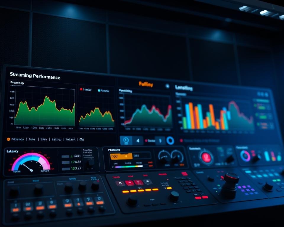 A modern, sleek dashboard displaying a range of technical streaming performance metrics. In the foreground, vibrant graphs and charts showcase bandwidth usage, frame rate, and latency in real-time. The middle ground features an array of control panels with toggles, sliders, and indicators monitoring video and audio quality, network connectivity, and system health. The background is a minimalist, dark-toned interface with a subtle grid pattern, creating a high-tech, futuristic ambiance. Dramatic, directional lighting emphasizes the dynamic, data-driven nature of the scene, while a shallow depth of field keeps the focus on the essential performance details.