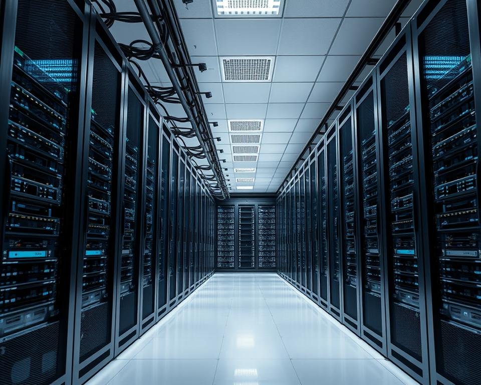 A modern, sleek data center with rows of server racks and network equipment, conveying the efficient, professional distribution of IPTV content. Soft, directional lighting illuminates the clean, minimalist interior, highlighting the high-tech hardware. The camera angle is slightly elevated, providing a bird's-eye view of the meticulously organized space. The atmosphere exudes a sense of reliability, security, and technological sophistication, reflecting the advantages of a professional UK IPTV system.