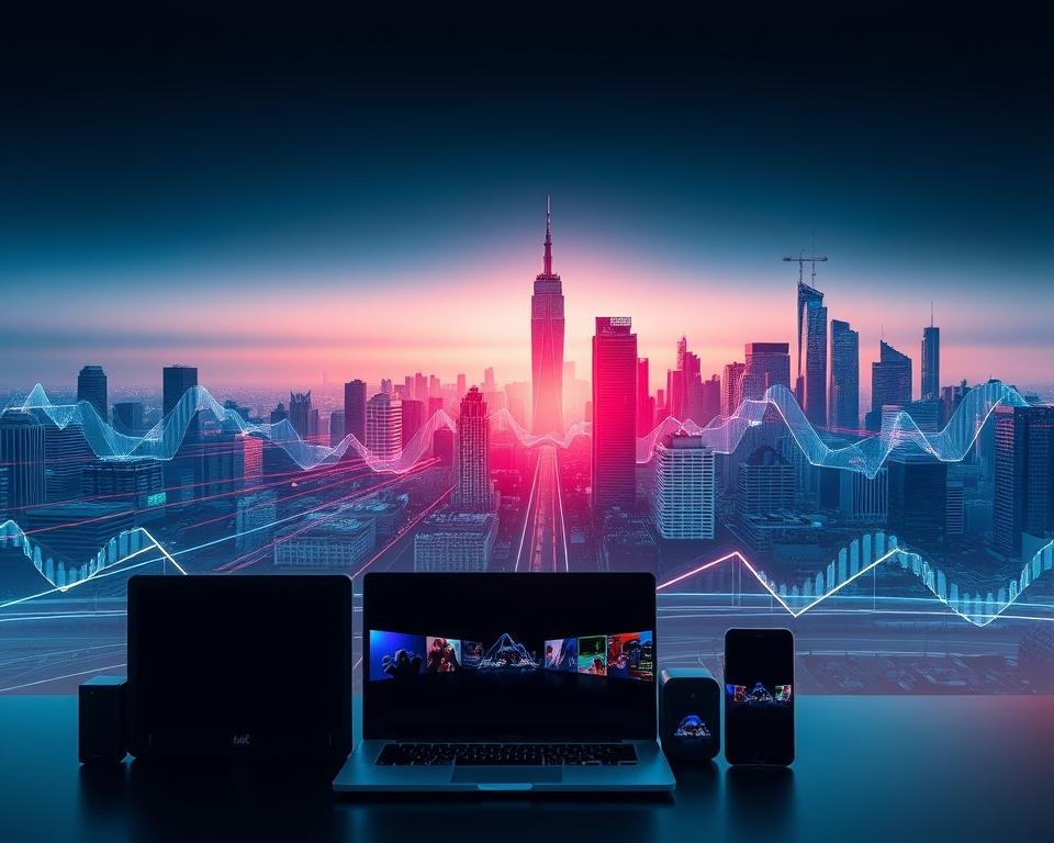 A modern, sleek digital landscape depicting the internet speed requirements for optimal streaming. In the foreground, an array of devices such as a smart TV, laptop, and smartphone, each representing the varied platforms for streaming content. The middle ground showcases a vibrant, data-driven visualization of bandwidth and download speeds, with pulsing lines and geometric shapes conveying the dynamic nature of internet connectivity. In the background, a minimalist cityscape with towering skyscrapers symbolizes the urban infrastructure supporting high-speed internet access. The overall atmosphere is one of technological advancement and the seamless integration of digital media into everyday life.