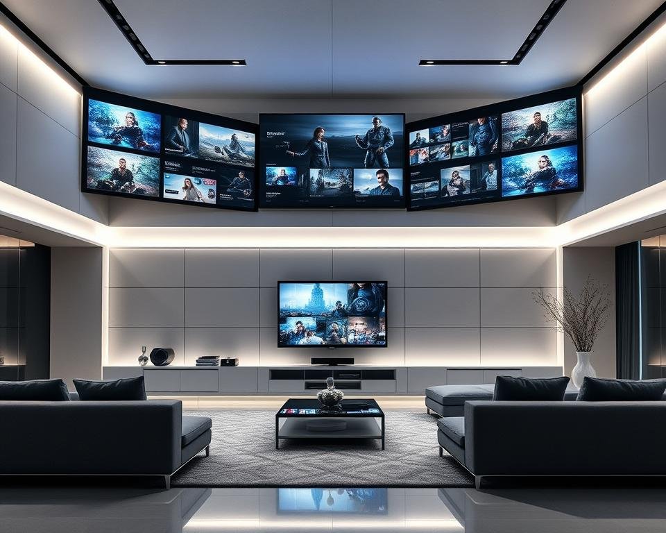 A modern, sleek living room with a large, minimalist entertainment center featuring multiple high-definition screens displaying various media content. The screens are arranged in an eye-catching, asymmetrical layout, creating a visually dynamic and immersive viewing experience. Soft, diffused lighting illuminates the room, emphasizing the seamless integration of technology and interior design. The overall atmosphere is one of sophistication and technological prowess, reflecting the cutting-edge nature of the multi-screen home entertainment setup.