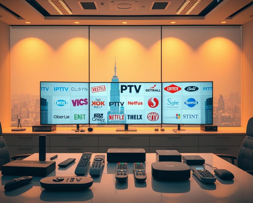 A modern, stylish office setting with a large desk showcasing various IPTV service provider logos. The desk is illuminated by warm, directional lighting, casting a professional and authoritative atmosphere. In the foreground, several remote controls, streaming devices, and other IPTV accessories are neatly arranged, highlighting the convenience and accessibility of these services. The background features a minimalist, urban cityscape, conveying the global reach and connectivity of these IPTV providers. The overall composition emphasizes the reliability, versatility, and premium quality of the top IPTV service options for British expats.