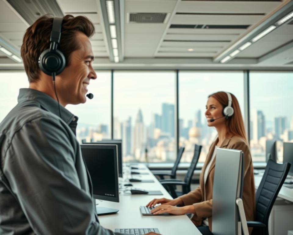 A modern, well-lit customer service office for a popular streaming platform. In the foreground, a customer service representative with a warm, friendly expression assists a customer via video call, using a high-quality headset. The middle ground features neatly organized workstations with clean, minimalist design, conveying efficiency and professionalism. In the background, large windows offer a panoramic view of a bustling city skyline, suggesting a central, urban location. The overall atmosphere is one of attentive, responsive customer care in a technologically advanced, yet welcoming environment. A modern, well-lit customer service office for a popular streaming platform. In the foreground, a customer service representative with a warm, friendly expression assists a customer via video call, using a high-quality headset. The middle ground features neatly organized workstations with clean, minimalist design, conveying efficiency and professionalism. In the background, large windows offer a panoramic view of a bustling city skyline, suggesting a central, urban location. The overall atmosphere is one of attentive, responsive customer care in a technologically advanced, yet welcoming environment.