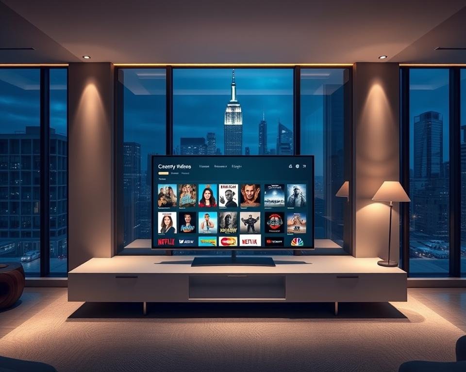 A modern, well-lit entertainment center showcasing a diverse selection of on-demand media. In the foreground, a sleek TV or display screen presents an array of streaming service logos, movie posters, and TV show thumbnails, inviting the viewer to explore the expansive library. The middle ground features a minimalist entertainment console with clean lines and integrated storage, surrounded by ambient lighting that sets a sophisticated tone. In the background, floor-to-ceiling windows reveal a cityscape, suggesting an urban, high-tech setting. The overall composition conveys a sense of comprehensive content availability, cutting-edge technology, and a premium viewing experience.