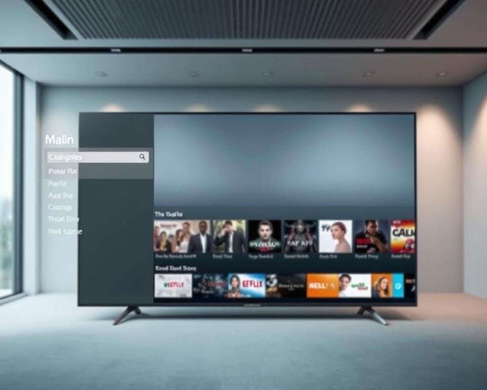 A modern, well-lit interior of an LG smart TV content store, showcasing the navigation menu. The foreground features the main categories and search bar, with a clean, minimalist design in shades of gray and white. The middle ground displays a selection of app icons and content thumbnails, highlighting the diverse offerings. The background subtly fades into a soft, blurred gradient, creating a sense of depth and focus on the navigational elements. The overall composition conveys a user-friendly, intuitive experience for browsing and accessing various content on an LG smart TV. A modern, well-lit interior of an LG smart TV content store, showcasing the navigation menu. The foreground features the main categories and search bar, with a clean, minimalist design in shades of gray and white. The middle ground displays a selection of app icons and content thumbnails, highlighting the diverse offerings. The background subtly fades into a soft, blurred gradient, creating a sense of depth and focus on the navigational elements. The overall composition conveys a user-friendly, intuitive experience for browsing and accessing various content on an LG smart TV.
