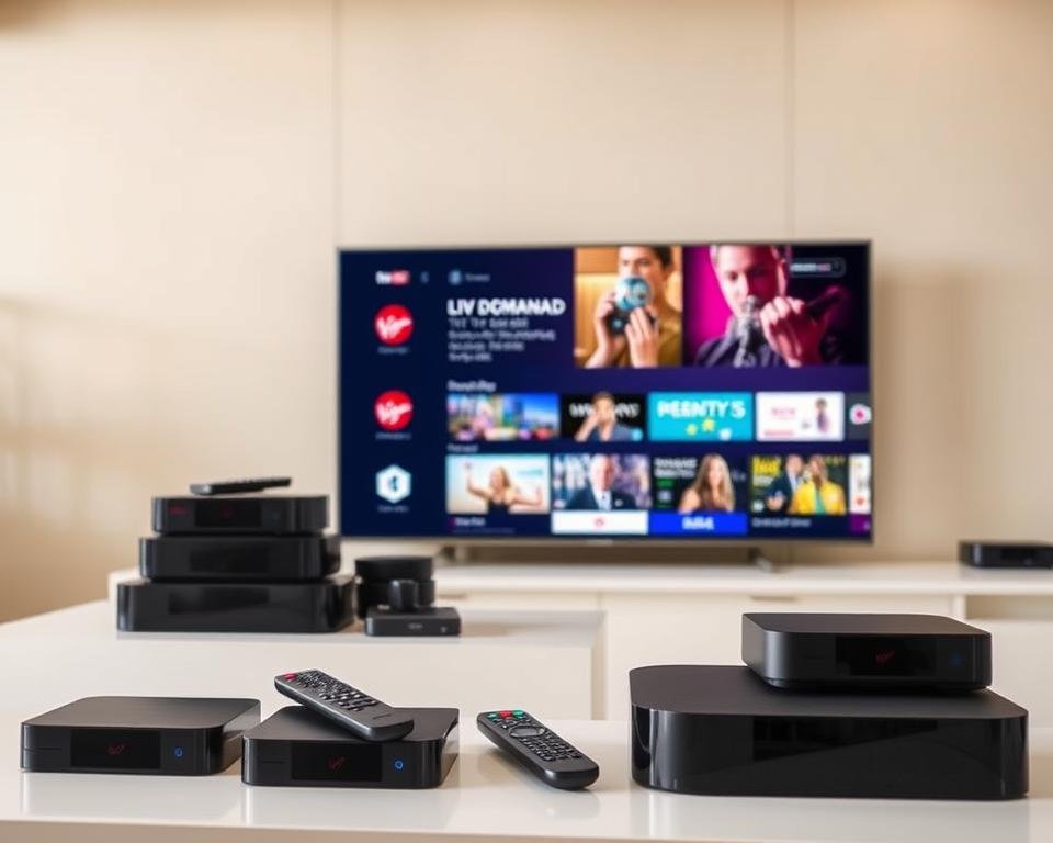 A modern, well-lit interior space showcasing an array of Virgin Media TV bundles and packages. In the foreground, several sleek black and white set-top boxes and remote controls are neatly displayed on a clean, minimalist table or shelf. The middle ground features a large, curved 4K television screen displaying vibrant graphics and imagery related to Virgin Media's entertainment offerings, such as live TV channels, on-demand content, and streaming services. The background depicts a neutral-toned wall, with subtle branding elements like the Virgin Media logo subtly integrated into the design. The overall composition conveys a sense of sophistication, technology, and the comprehensive entertainment solutions provided by Virgin Media.