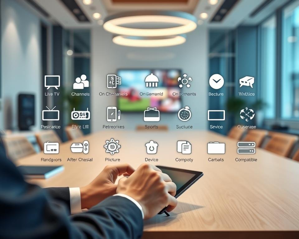 A modern, well-lit office setting with a large desk prominently featured. On the desk, various icons and symbols representing different IPTV service features like live TV channels, on-demand content, sports streams, and device compatibility. A person's hands are interacting with a tablet or laptop, evaluating and comparing the available options. The background is slightly blurred, creating a sense of focus on the desk and the decision-making process. The overall atmosphere conveys a thoughtful, analytical mood as the user carefully selects the optimal IPTV service for their needs.