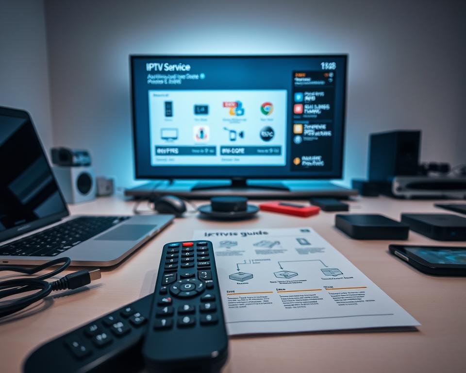A modern, well-lit workspace with a laptop, tablet, and various cables and devices on a clean, organized desk. In the foreground, an IPTV remote control and a step-by-step activation guide prominently displayed. The middle ground showcases a detailed diagram illustrating the IPTV setup process, complete with icons and labeled components. The background features a large, high-resolution display showing the IPTV service's user interface, conveying the seamless integration and user experience. Soft, diffused lighting creates a professional, informative atmosphere, inviting the viewer to engage with the IPTV service activation guide.