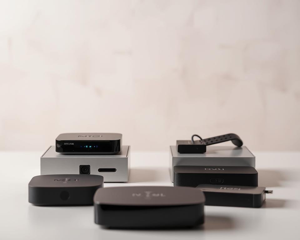 A neatly arranged composition showcasing a variety of mid-range streaming devices against a soft, neutral backdrop. The devices are positioned in the foreground, each highlighted with subtle studio lighting to accentuate their distinct design features. In the middle ground, there is a subtle grid or pattern that adds visual interest without distracting from the main subjects. The background is gently blurred, creating a sense of depth and emphasis on the streaming devices. The overall mood is one of professionalism, clarity, and technical focus, reflecting the comparative nature of the subject matter. A neatly arranged composition showcasing a variety of mid-range streaming devices against a soft, neutral backdrop. The devices are positioned in the foreground, each highlighted with subtle studio lighting to accentuate their distinct design features. In the middle ground, there is a subtle grid or pattern that adds visual interest without distracting from the main subjects. The background is gently blurred, creating a sense of depth and emphasis on the streaming devices. The overall mood is one of professionalism, clarity, and technical focus, reflecting the comparative nature of the subject matter.