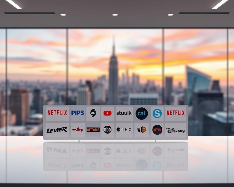 A pristine, modern workspace with a sleek, glass-topped desk showcasing various streaming service logos in a grid-like arrangement. Overhead, a soft, even lighting bathes the scene, creating a professional, high-quality ambiance. In the background, a blurred cityscape with skyscrapers and a vibrant, colorful sky sets the stage, conveying a sense of urban sophistication. The overall composition is clean, minimalist, and visually appealing, inviting the viewer to compare the features and benefits of the premium streaming services displayed.
