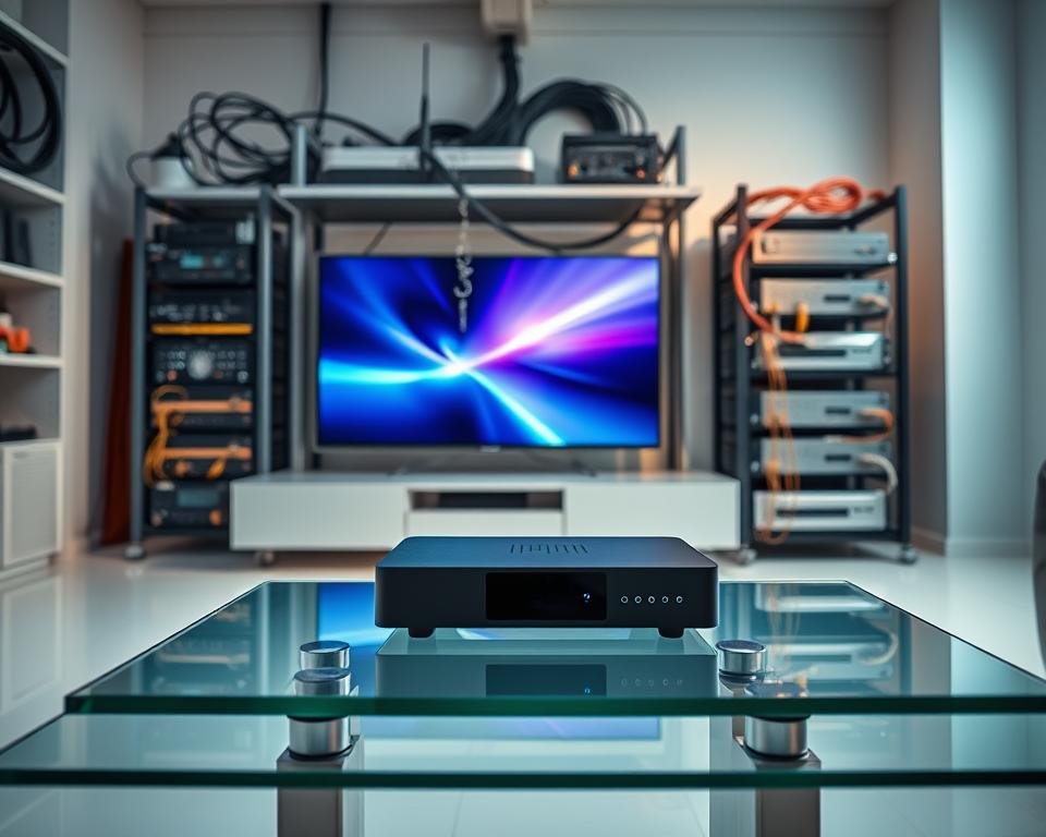A pristine, well-lit studio setting showcasing the intricate components of internet protocol television technology. In the foreground, a sleek IPTV set-top box sits atop a minimalist glass table, its clean lines and intuitive interface epitomizing modern home entertainment. The middle ground features a high-resolution smart TV, its screen displaying a vibrant, crystal-clear image, emphasizing the remarkable video quality enabled by IPTV. In the background, a neatly arranged rack of networking equipment, cables, and routers, symbolizing the robust infrastructure that powers this cutting-edge television delivery system. The overall atmosphere conveys a sense of technological sophistication, efficiency, and the seamless integration of IPTV into the digital age. A pristine, well-lit studio setting showcasing the intricate components of internet protocol television technology. In the foreground, a sleek IPTV set-top box sits atop a minimalist glass table, its clean lines and intuitive interface epitomizing modern home entertainment. The middle ground features a high-resolution smart TV, its screen displaying a vibrant, crystal-clear image, emphasizing the remarkable video quality enabled by IPTV. In the background, a neatly arranged rack of networking equipment, cables, and routers, symbolizing the robust infrastructure that powers this cutting-edge television delivery system. The overall atmosphere conveys a sense of technological sophistication, efficiency, and the seamless integration of IPTV into the digital age.