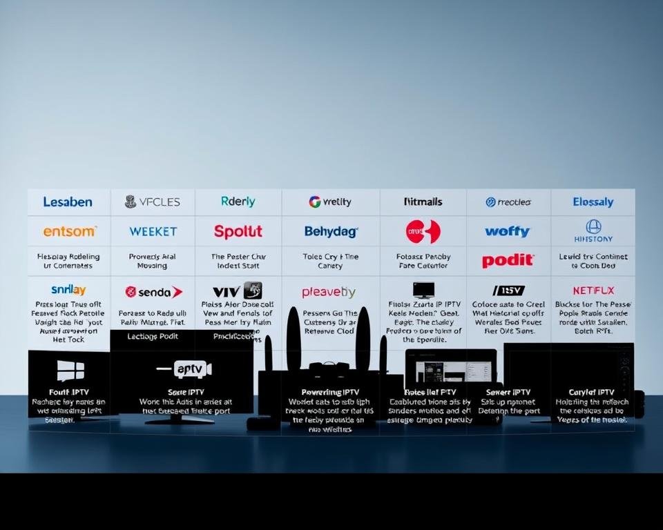 A professional comparison of prominent UK IPTV service providers, showcased in a sleek, minimalist layout. In the foreground, neatly arranged icons and logos of the leading IPTV brands, each with a concise description of their key features and offerings. In the middle ground, a grid-like arrangement of device silhouettes, representing the diverse platforms supported by these IPTV services. The background features a subtle, gradient-based color scheme, conveying a sense of authority and trustworthiness. The overall composition exudes a modern, information-rich aesthetic, suitable for an informative article on the UK IPTV landscape.