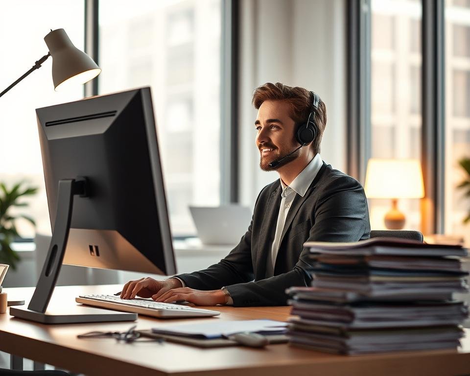A professional customer service representative sitting at a desk, intently focused on assisting a customer over the phone. The workspace is well-lit, with warm lighting from a desk lamp and large windows providing natural illumination. The agent's expression conveys empathy and a dedication to resolving the customer's issue. The desk is neatly organized, with a computer monitor, keyboard, and a stack of files, suggesting a well-equipped and efficient workspace. The background features a modern, minimalist office setting, with clean lines and a neutral color palette that creates a calming, professional atmosphere.
