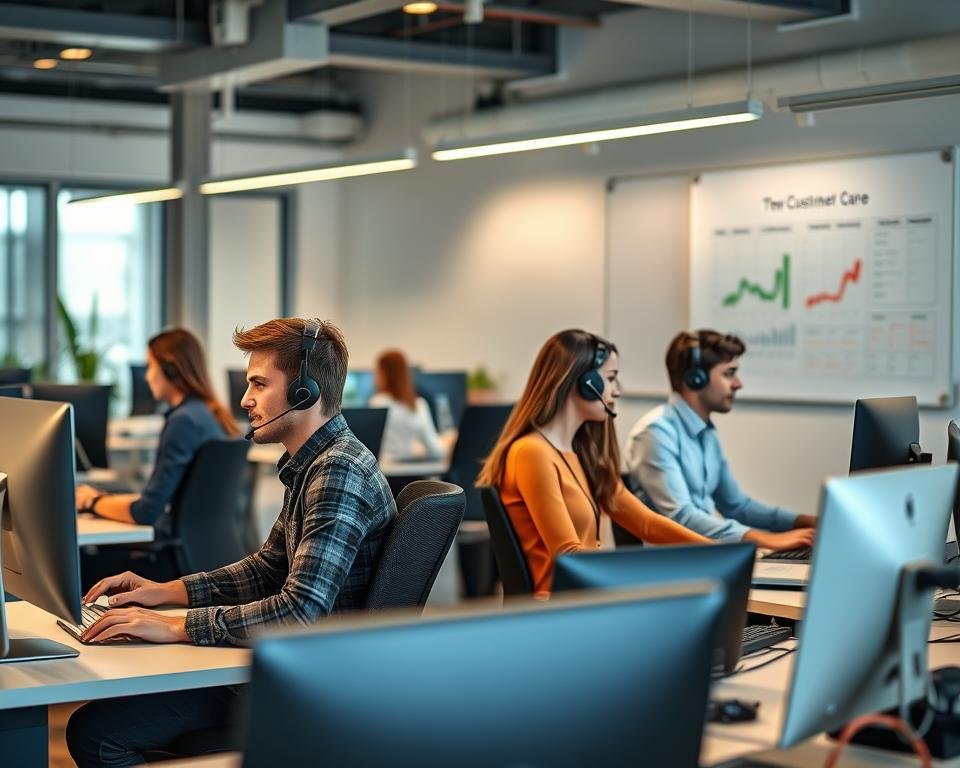A professional customer support team working diligently in a modern office setting. The foreground depicts a group of friendly, helpful customer service representatives sitting at sleek desks, engaged in attentive conversations with customers over headsets. The middle ground showcases a well-lit, open-concept workspace with ergonomic chairs and monitors displaying real-time data. The background features a minimalist, contemporary decor with stylish light fixtures and a large, communal whiteboard displaying key performance metrics. The overall atmosphere conveys a sense of efficiency, collaboration, and a commitment to providing exceptional customer care.