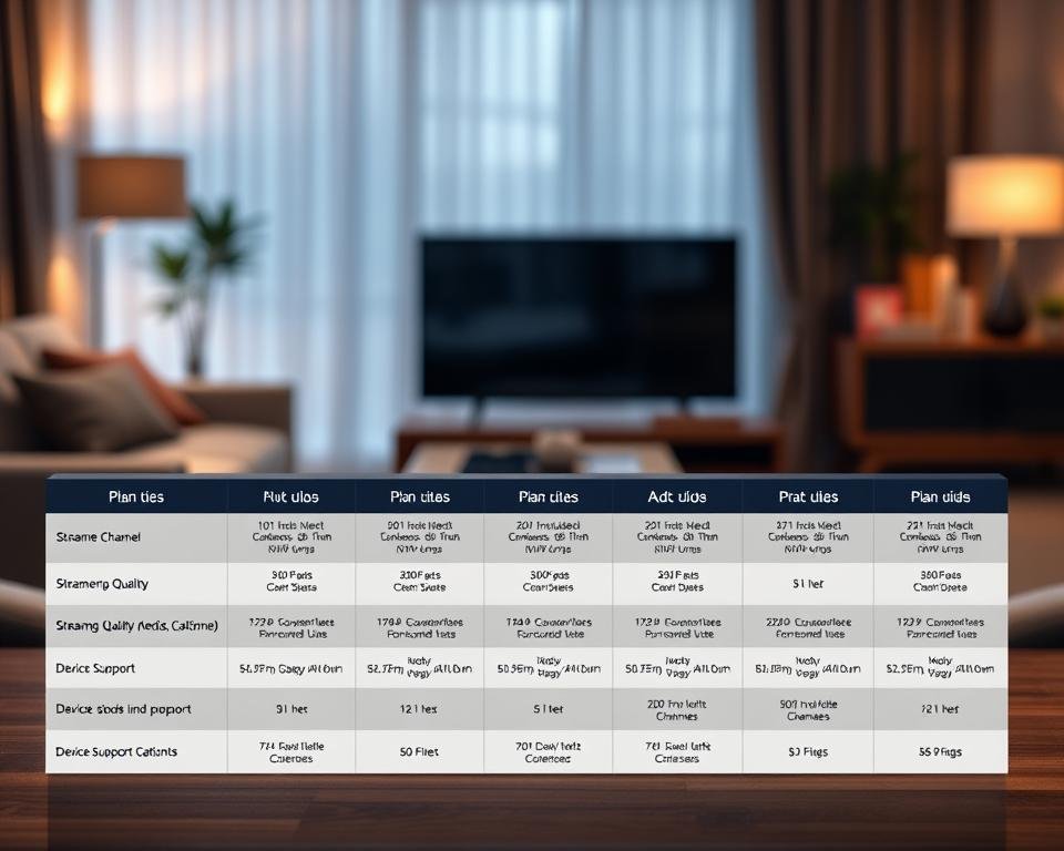 A professional-looking table showcasing various IPTV subscription plan options. The table is set against a soft, blurred background of a modern living room, with a warm, inviting atmosphere. The table features clear, organized columns outlining the different plan tiers, with concise descriptions of the included channels, streaming quality, device support, and pricing. The layout is clean and visually appealing, drawing the viewer's attention to the key details needed to make an informed decision about the best IPTV plan. Subtle lighting highlights the table, creating a sense of clarity and focus. The overall scene conveys a sense of convenience, accessibility, and the ability to tailor the IPTV experience to the viewer's needs. A professional-looking table showcasing various IPTV subscription plan options. The table is set against a soft, blurred background of a modern living room, with a warm, inviting atmosphere. The table features clear, organized columns outlining the different plan tiers, with concise descriptions of the included channels, streaming quality, device support, and pricing. The layout is clean and visually appealing, drawing the viewer's attention to the key details needed to make an informed decision about the best IPTV plan. Subtle lighting highlights the table, creating a sense of clarity and focus. The overall scene conveys a sense of convenience, accessibility, and the ability to tailor the IPTV experience to the viewer's needs.