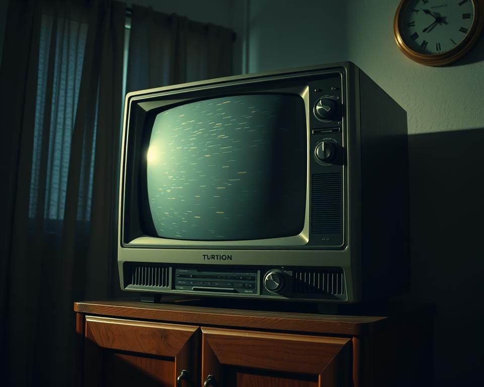 A retro-styled television set sits on a wooden cabinet, its screen flickering and distorting with the classic digital artifacts of a poor signal. The room is dimly lit, casting long shadows that add to the sense of frustration and obsolescence. The TV's front-facing buttons and dials are worn, hinting at years of use. In the background, a tattered curtain and a wall-mounted clock further emphasize the antiquated setting, underscoring the limitations of traditional television services.