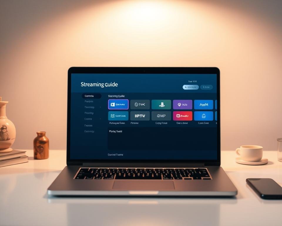 A secure IPTV streaming guide displayed on a sleek, minimalist laptop screen. The screen shows a well-organized interface with clear icons and navigation, conveying a sense of security and control. Subtle lighting from above casts a warm glow, creating a cozy and focused atmosphere. The laptop is positioned on a clean, uncluttered desk, surrounded by a few tasteful accessories that complement the professional, yet approachable setting. The overall composition suggests a trustworthy, user-friendly IPTV experience that prioritizes privacy and legality.