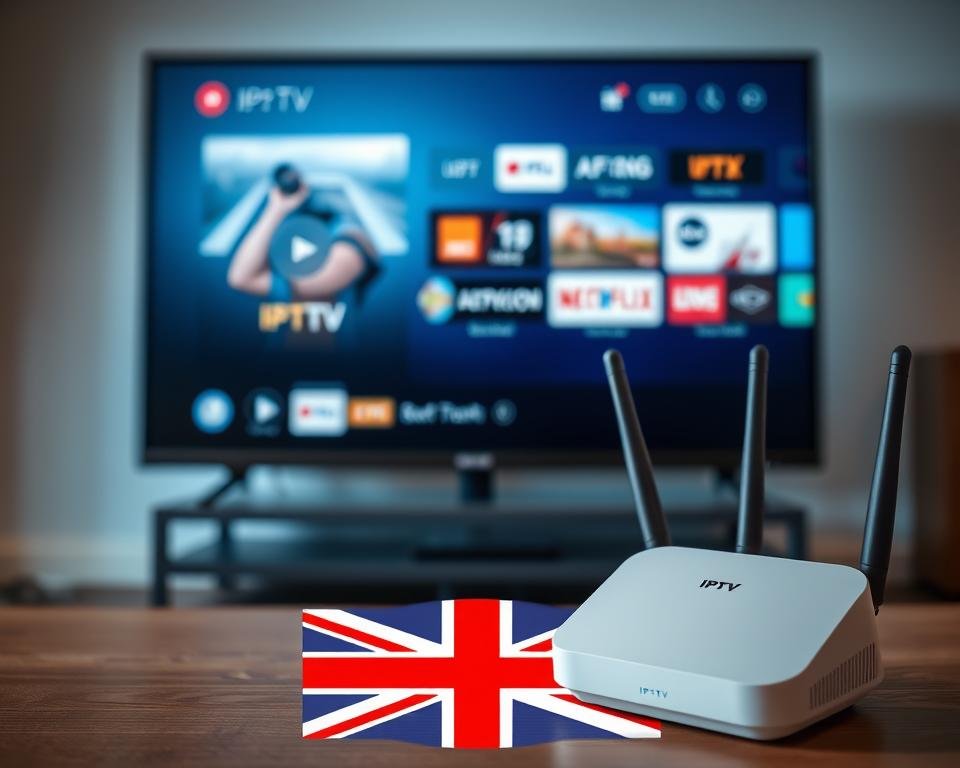 A secure IPTV streaming setup in the UK, with a modern smart TV as the centerpiece. The TV screen displays a sleek, minimalist user interface, showcasing various IPTV channels and services. In the foreground, a wireless router and a VPN device sit discreetly, representing the secure network infrastructure. The middle ground features a stylized depiction of the UK flag, emphasizing the local context. The background is softly blurred, creating a sense of focus on the core elements. The lighting is warm and inviting, conveying a sense of trust and reliability in the IPTV experience.