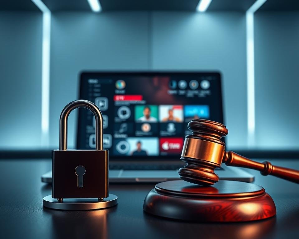 A secure IPTV subscription service, its legal considerations depicted in a modern, minimalist style. In the foreground, a digital padlock and a gavel symbolize the balance between privacy and legality. The middle ground features a laptop displaying IPTV streaming options, surrounded by subtle icons representing data protection and regulatory compliance. The background showcases a sleek, high-tech environment with clean lines and soft, diffused lighting, conveying a sense of professionalism and trustworthiness. The overall composition aims to capture the nuanced intersection of technology, security, and the legal framework governing IPTV services. A secure IPTV subscription service, its legal considerations depicted in a modern, minimalist style. In the foreground, a digital padlock and a gavel symbolize the balance between privacy and legality. The middle ground features a laptop displaying IPTV streaming options, surrounded by subtle icons representing data protection and regulatory compliance. The background showcases a sleek, high-tech environment with clean lines and soft, diffused lighting, conveying a sense of professionalism and trustworthiness. The overall composition aims to capture the nuanced intersection of technology, security, and the legal framework governing IPTV services.