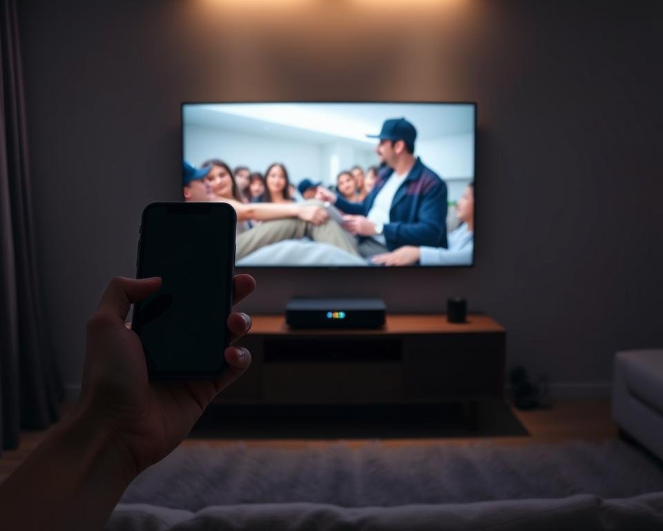 A secure and private streaming experience set in a cozy, dimly lit home media room. In the foreground, a hand holds a smartphone, the screen illuminating the face with a warm glow. In the middle ground, a modern, sleek IPTV box sits atop a minimalist media console, its LED indicator subtly pulsing. The background features a large, high-definition display broadcasting a crisp, uninterrupted video feed, creating an immersive viewing atmosphere. Soft, indirect lighting casts a serene ambiance, while clean lines and neutral tones evoke a sense of tranquility and security.