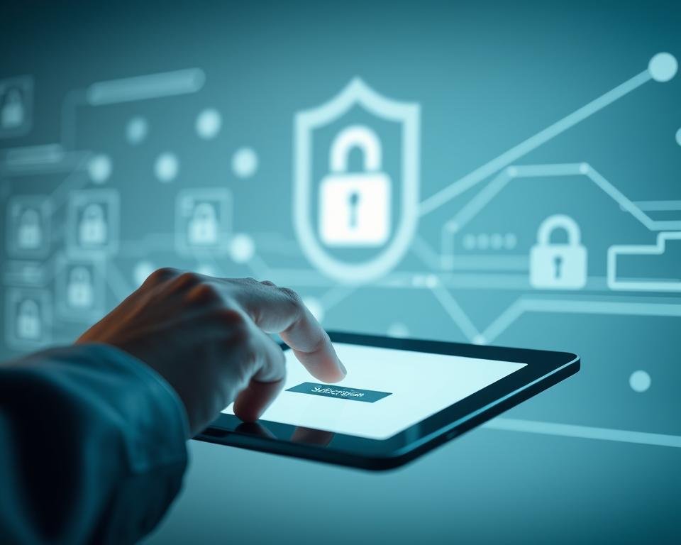 A secure, modern subscription process with a sleek, minimalist user interface. The foreground depicts a person's hand interacting with a tablet or smartphone, tapping on a clean, uncluttered screen to complete the subscription steps. The middle ground features abstract geometric shapes and lines, suggesting data encryption and security protocols. The background has a cool, calming color palette, perhaps shades of blue or grey, creating a sense of trust and reliability. Soft, directional lighting illuminates the scene, highlighting the smooth, refined aesthetics. The overall mood is professional, efficient and reassuring, reflecting the reliable subscription experience.