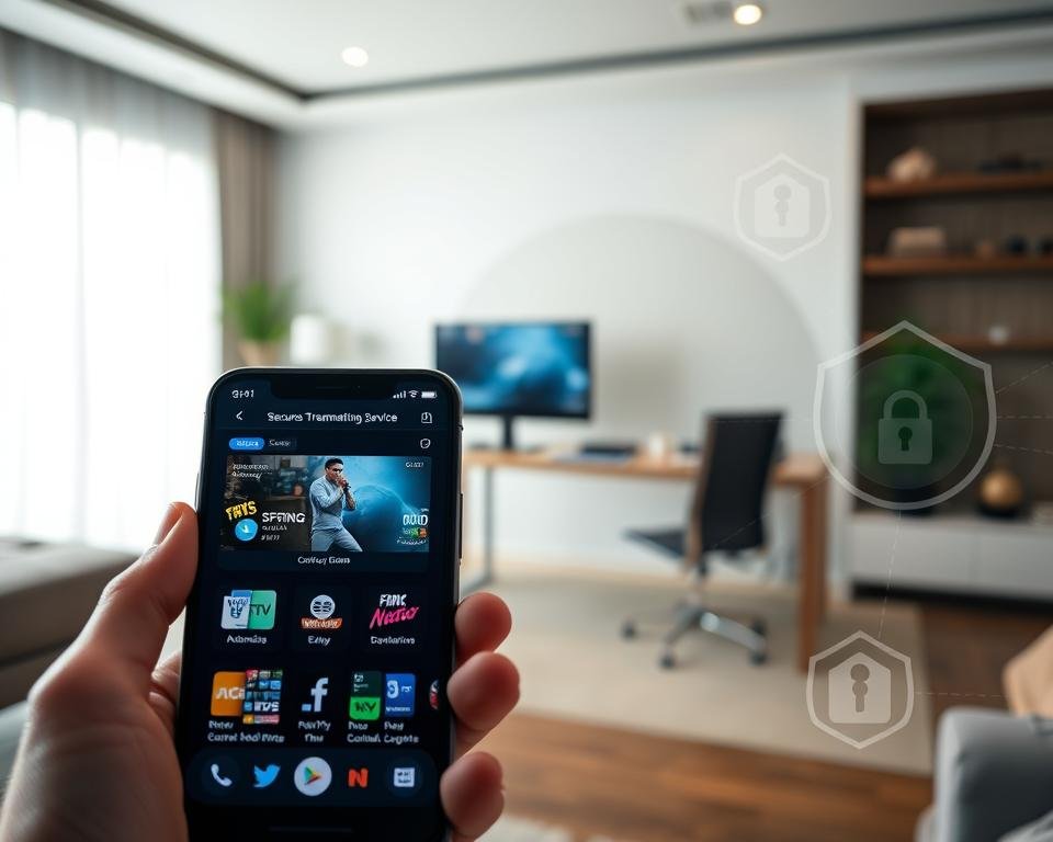 A secure streaming service guide, showcasing a modern and trustworthy IPTV platform. In the foreground, a smartphone or tablet displays the user interface, highlighting intuitive navigation and content organization. The middle ground features a sleek, minimalist desk setup with a laptop and peripherals, conveying a professional and secure workspace. The background depicts a softly lit, sophisticated interior with clean lines and muted colors, creating a sense of privacy and confidentiality. Subtle security elements, such as encrypted network indicators or privacy-focused icons, are seamlessly integrated throughout the scene, emphasizing the secure and legal nature of the IPTV service. A secure streaming service guide, showcasing a modern and trustworthy IPTV platform. In the foreground, a smartphone or tablet displays the user interface, highlighting intuitive navigation and content organization. The middle ground features a sleek, minimalist desk setup with a laptop and peripherals, conveying a professional and secure workspace. The background depicts a softly lit, sophisticated interior with clean lines and muted colors, creating a sense of privacy and confidentiality. Subtle security elements, such as encrypted network indicators or privacy-focused icons, are seamlessly integrated throughout the scene, emphasizing the secure and legal nature of the IPTV service.