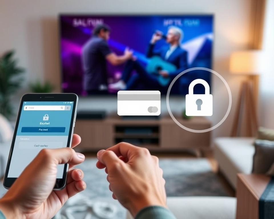 A secured IPTV subscription process is depicted in this image. In the foreground, a user's hand operates a smartphone or tablet, navigating a sleek, intuitive IPTV platform interface. The middle ground shows a secure payment gateway, with a credit card and padlock icon symbolizing the encrypted transaction. In the background, a modern living room setting with a large smart TV displays the IPTV service's high-quality content, creating an immersive entertainment experience. The lighting is soft and warm, conveying a sense of comfort and reliability. The overall atmosphere exudes a feeling of ease and confidence in the secure, exclusive IPTV deal. A secured IPTV subscription process is depicted in this image. In the foreground, a user's hand operates a smartphone or tablet, navigating a sleek, intuitive IPTV platform interface. The middle ground shows a secure payment gateway, with a credit card and padlock icon symbolizing the encrypted transaction. In the background, a modern living room setting with a large smart TV displays the IPTV service's high-quality content, creating an immersive entertainment experience. The lighting is soft and warm, conveying a sense of comfort and reliability. The overall atmosphere exudes a feeling of ease and confidence in the secure, exclusive IPTV deal.