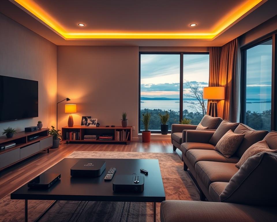A serene and modern living room with a large flat-screen TV mounted on the wall. In the foreground, a stylish coffee table with a streaming device and remote controls. Beside it, a comfortable couch and armchair inviting viewers to sit and ponder their streaming options. The middle ground features bookshelves and potted plants, creating a cozy and relaxing atmosphere. Warm, indirect lighting from floor lamps and recessed ceiling fixtures casts a soft glow, setting the mood for an evening of thoughtful streaming service considerations. The background depicts a large window overlooking a tranquil outdoor scene, hinting at the need to balance indoor entertainment with the world beyond.