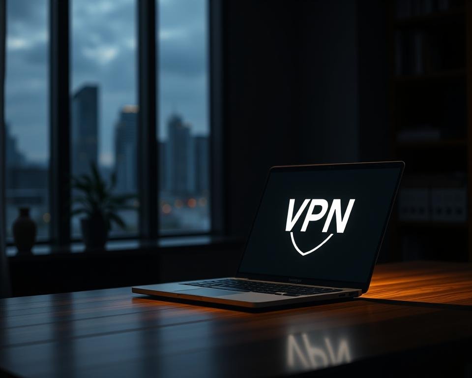 A serene, dimly lit study with a sleek, modern laptop positioned on a wooden desk. In the foreground, a VPN logo glows softly, symbolizing the privacy and security of online streaming. The background features a blurred cityscape, hinting at the global reach and accessibility of the VPN service. Soft, directional lighting casts subtle shadows, creating a sense of depth and atmosphere. The overall mood is one of confidence, discretion, and the empowerment of secure digital freedom.