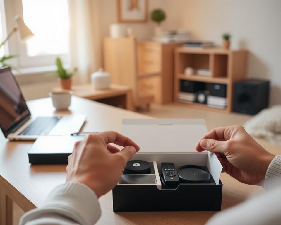 A serene home office setting, with a desk, a laptop, and a few simple household objects. In the foreground, a person's hands delicately unboxing a new device, revealing the contents neatly arranged. The middle ground showcases the device being carefully set up, with a clear, step-by-step process. The background features a warm, natural lighting, creating a welcoming atmosphere. The overall scene conveys a sense of simplicity, efficiency, and ease, perfectly capturing the "Simple Installation and Setup Process" for the UK IPTV Subscription Services.