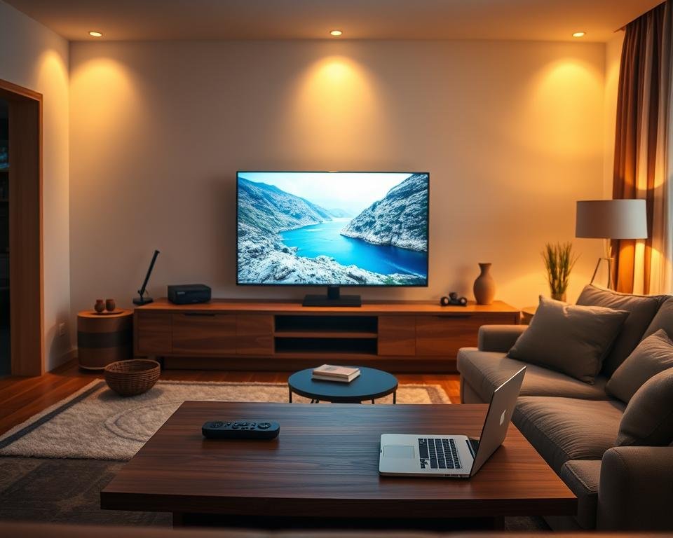 A serene living room with a cozy couch and a large, high-definition smart TV displaying a vibrant, seamless live stream. Soft, warm lighting illuminates the space, creating a comfortable, inviting atmosphere. On the coffee table, a sleek remote control and a laptop or tablet, representing the tools for optimizing the streaming experience. The room's decor features earthy tones and natural textures, reflecting a sense of balance and tranquility. The overall scene conveys the idea of effortless, high-quality entertainment, where technology and comfort converge for an immersive and enjoyable streaming experience.