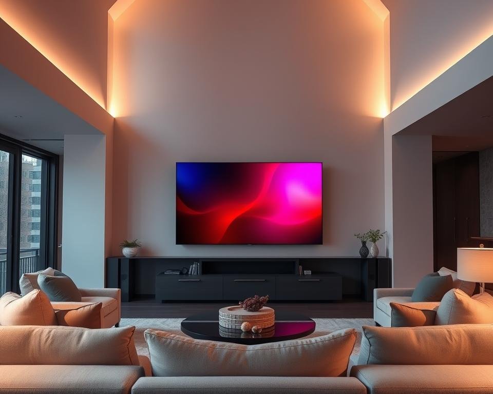 A serene living room with a large 4K OLED TV taking center stage, its screen radiating a crisp, vibrant display. Ambient lighting subtly accentuates the sleek, modern design of the television, while plush, comfortable seating invites viewers to immerse themselves in the superior streaming experience. The room's architecture, with its high ceilings and floor-to-ceiling windows, creates a sense of openness and depth, allowing natural light to flood the space and enhance the cinematic quality of the visuals. The overall atmosphere exudes a perfect balance of technological sophistication and domestic comfort, reflecting the seamless integration of top-tier entertainment capabilities into the heart of the home. A serene living room with a large 4K OLED TV taking center stage, its screen radiating a crisp, vibrant display. Ambient lighting subtly accentuates the sleek, modern design of the television, while plush, comfortable seating invites viewers to immerse themselves in the superior streaming experience. The room's architecture, with its high ceilings and floor-to-ceiling windows, creates a sense of openness and depth, allowing natural light to flood the space and enhance the cinematic quality of the visuals. The overall atmosphere exudes a perfect balance of technological sophistication and domestic comfort, reflecting the seamless integration of top-tier entertainment capabilities into the heart of the home.