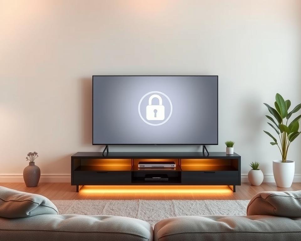 A serene living room with a sleek, modern TV stand. The screen displays a secure lock icon, signaling a protected and reliable streaming experience. Soft, ambient lighting casts a warm glow, creating a cozy atmosphere. Plush, comfortable seating invites the viewer to sit back and enjoy the entertainment. In the background, a minimalist bookshelf and potted plants add a touch of nature, complementing the contemporary design. The overall scene conveys a sense of security, comfort, and technological sophistication, perfectly suited for an optimal streaming session.